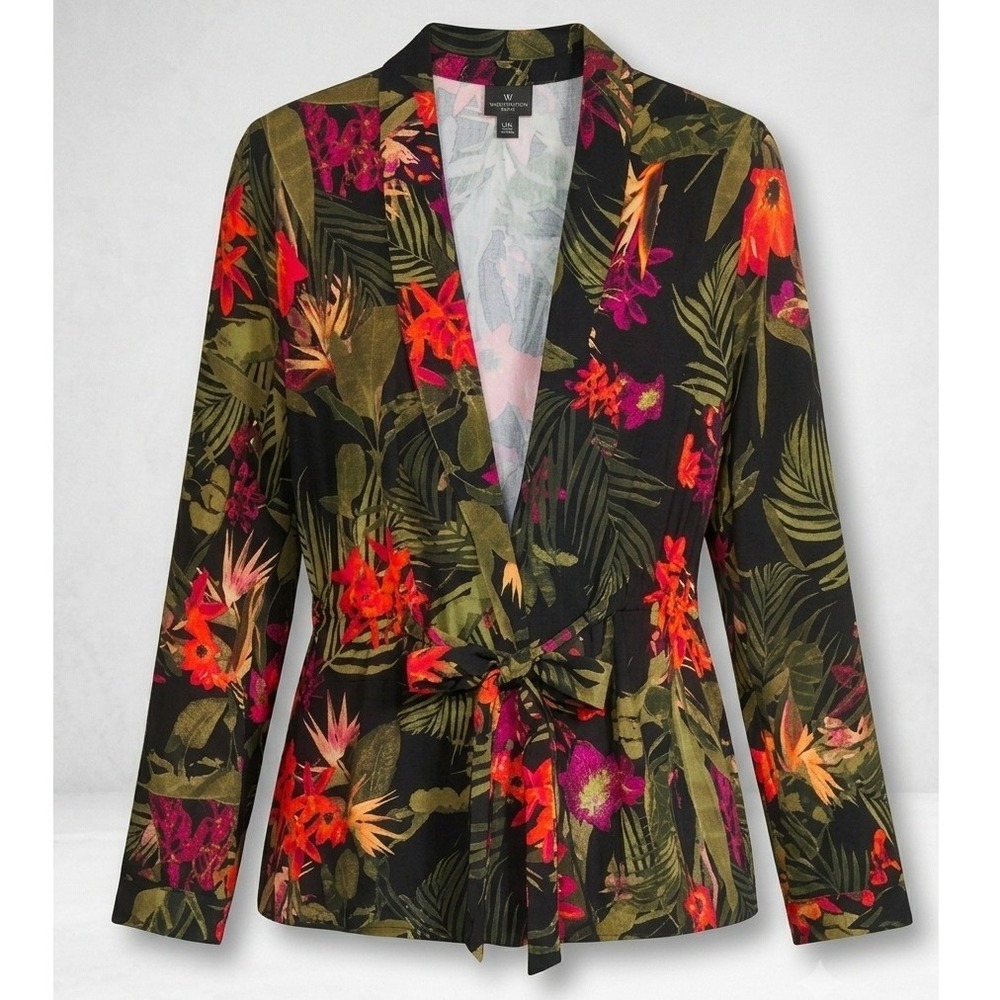 Tropical‎ Floral Wrap Top Black Pink Green PM Long Sleeve Worthington Petite